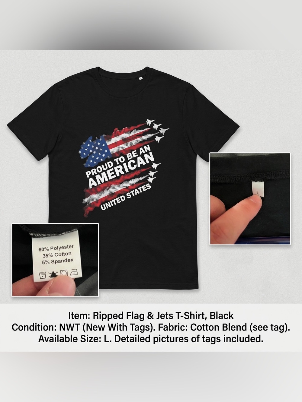 Proud to Be an American USA Flag Graphic T-Shirt Black Size L